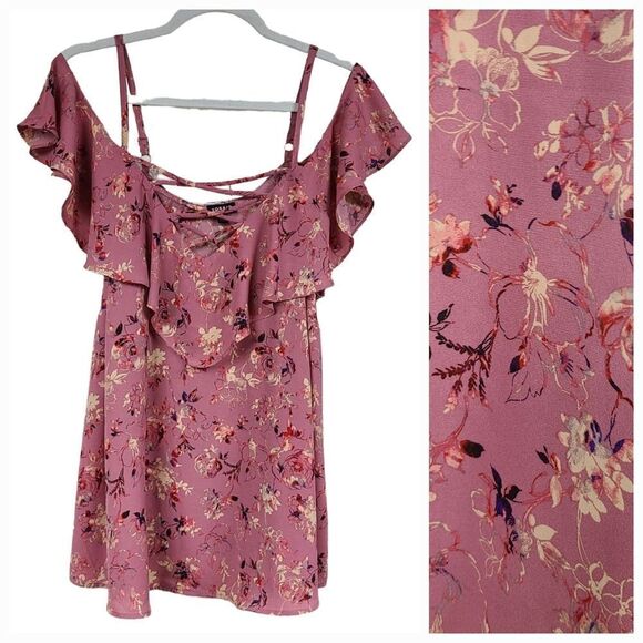 TORRID Lace-Up Cold Shoulder Blouse Georgette Floral Dusty Rose Ruffled Pink Top - Picture 1 of 11